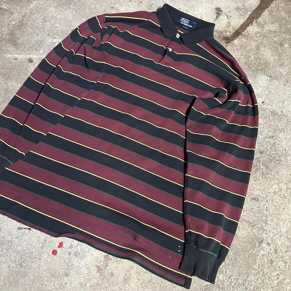 Polo Ralph Lauren long sleeve maroon black striped polo shirt Size Large